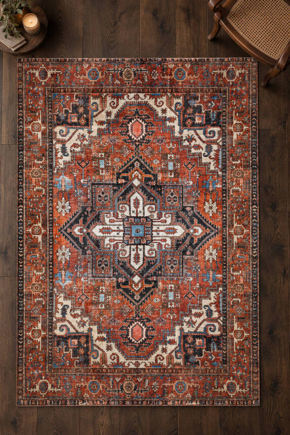 İstanbul Kiremit Madalyonlu Otantik Desenli Vintage Dokuma Tabanlı Şönil Halı AL 672 - 2