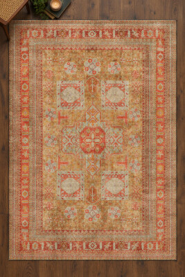 İstanbul Kiremit Sarı Etnik Vintage Desenli Dokuma Tabanlı Şönil Halı AL 641 - 2