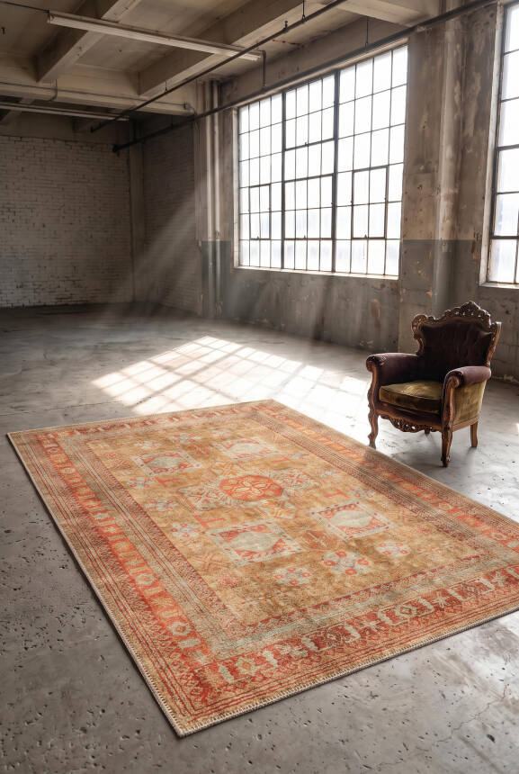İstanbul Kiremit Sarı Etnik Vintage Desenli Dokuma Tabanlı Şönil Halı AL 641 - 3