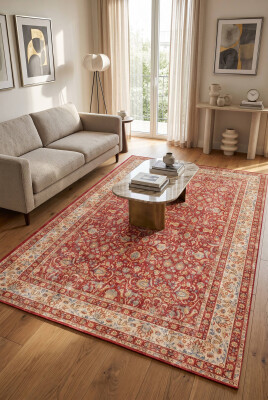İstanbul Kırmızı Krem Klasik Eskitme Otantik Desenli Vintage Dokuma Tabanlı Şönil Halı AL 671 - Artloop - İstanbul Halı Koleksiyonu
