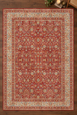 İstanbul Kırmızı Krem Klasik Eskitme Otantik Desenli Vintage Dokuma Tabanlı Şönil Halı AL 671 - 2