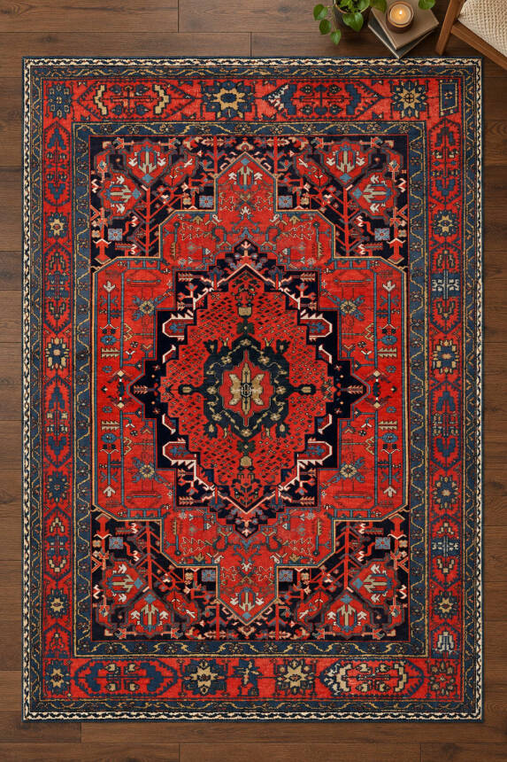 İstanbul Kırmızı Madalyon Desenli Vintage Dokuma Tabanlı Şönil Halı AL 662 - 2
