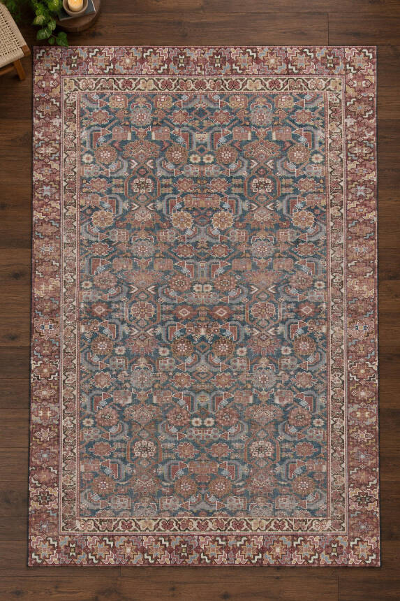 İstanbul Mavi Bordo Oryantal Vintage Desenli Dokuma Tabanlı Şönil Halı AL 634 - 2
