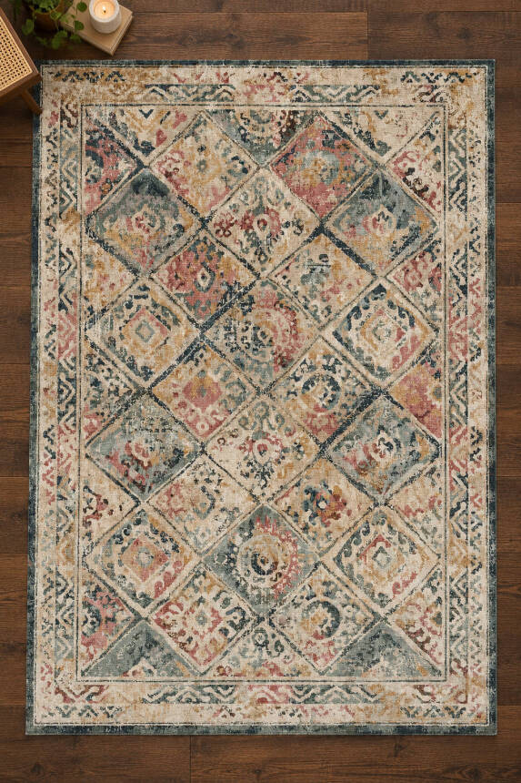 İstanbul Renkli Etnik Vintage Desenli Dokuma Tabanlı Şönil Halı AL 624 - 2
