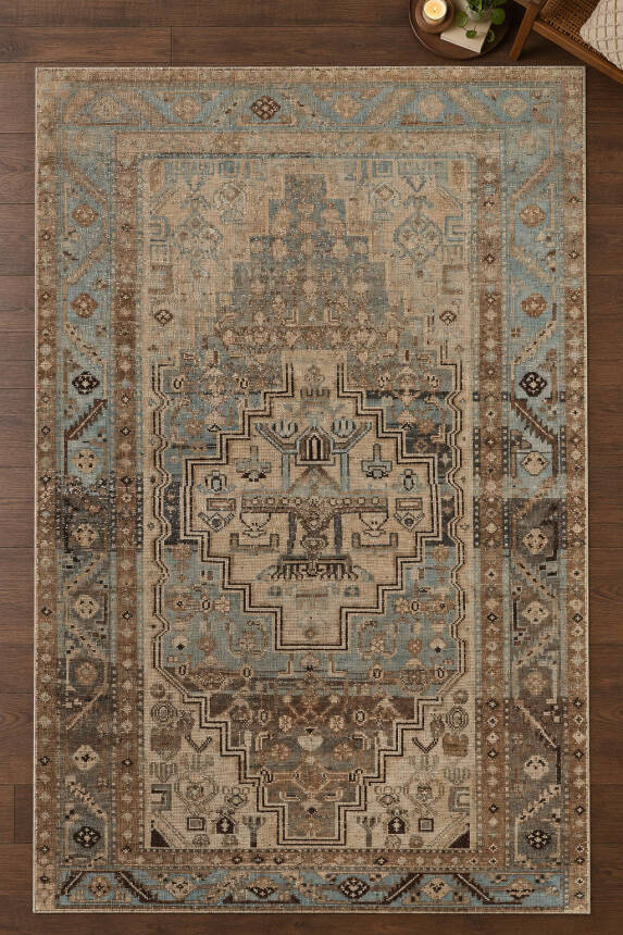 İstanbul Yeşil Eskitme Otantik Desenli Vintage Dokuma Tabanlı Şönil Halı AL 660 - 2