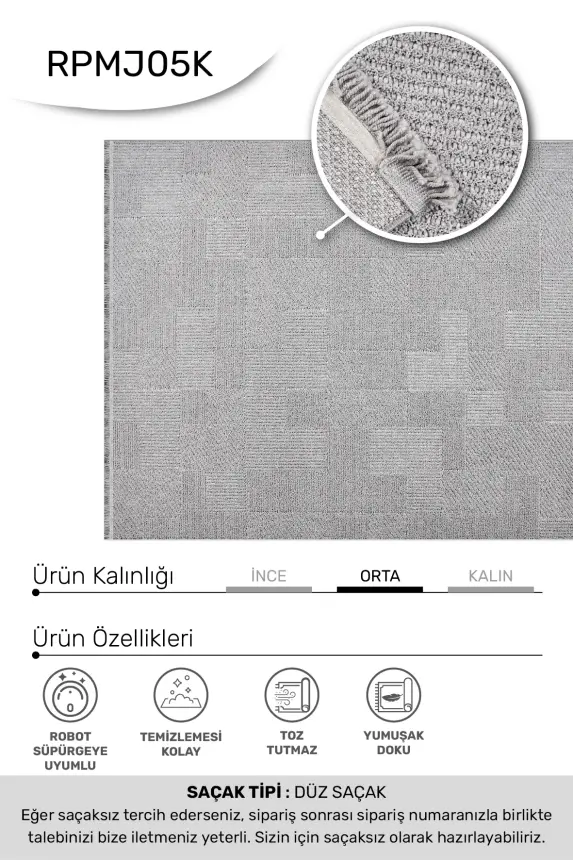 Messa Gri Robot Süpürgeye Uyumlu Kolay Temizlenebilir Oturma Odası, Koridor, Yatak Odası Halısı RP 85 - 2