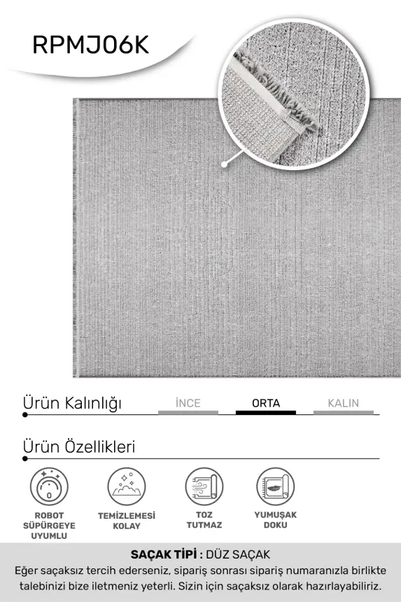 Messa Gri Robot Süpürgeye Uyumlu Kolay Temizlenebilir Oturma Odası, Koridor, Yatak Odası Halısı RP 86 - 3