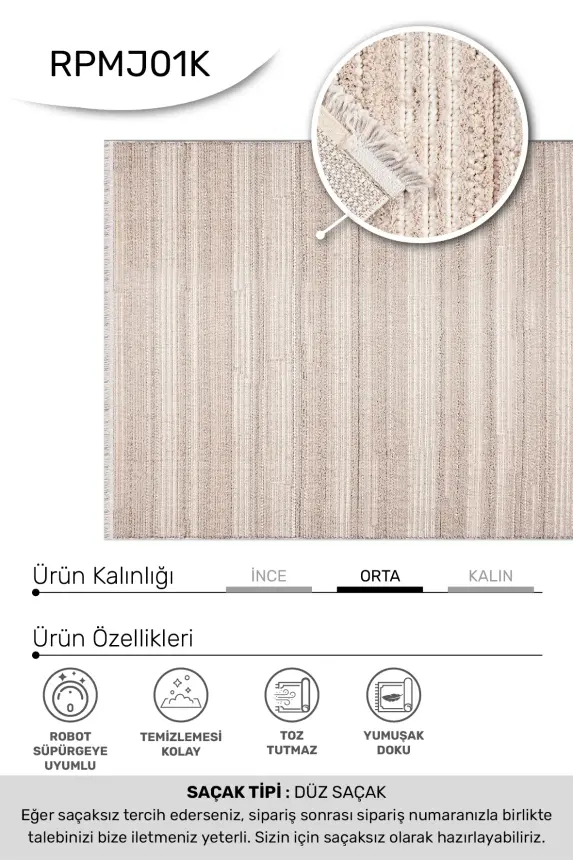 Messa Vizon Beyaz Robot Süpürgeye Uyumlu Kolay Temizlenebilir Oturma Odası, Koridor, Yatak Odası Halısı RP 81 - 2