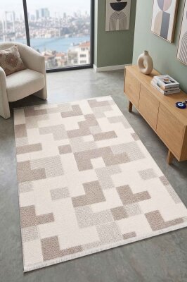 Messa Vizon/Krem Robot Süpürgeye Uyumlu Kolay Temizlenebilir Oturma Odası, Koridor, Yatak Odası Halısı RP 83 - Artloop