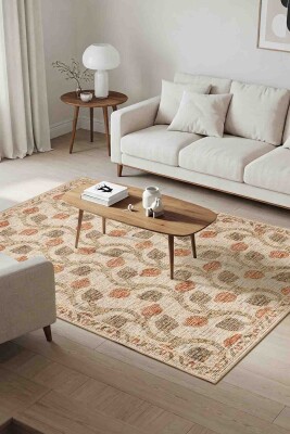 Nora Bej / Turuncu Vintage Dokulu Nar Desenli Dokuma Tabanlı Şönil Halı AL 486 - Artloop