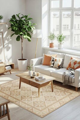 Nora Bej Geometrik Desenli Dokuma Tabanlı Modern Şönil Halı AL 503 - 1
