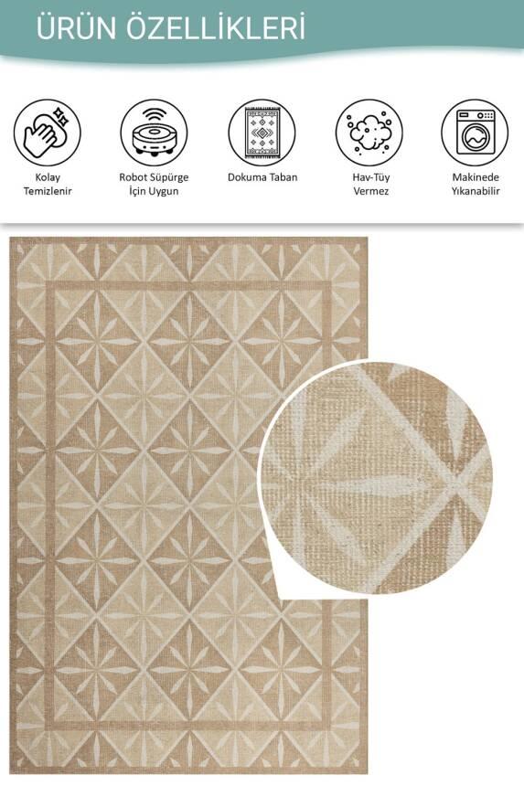 Nora Bej Geometrik Desenli Dokuma Tabanlı Modern Şönil Halı AL 503 - 4