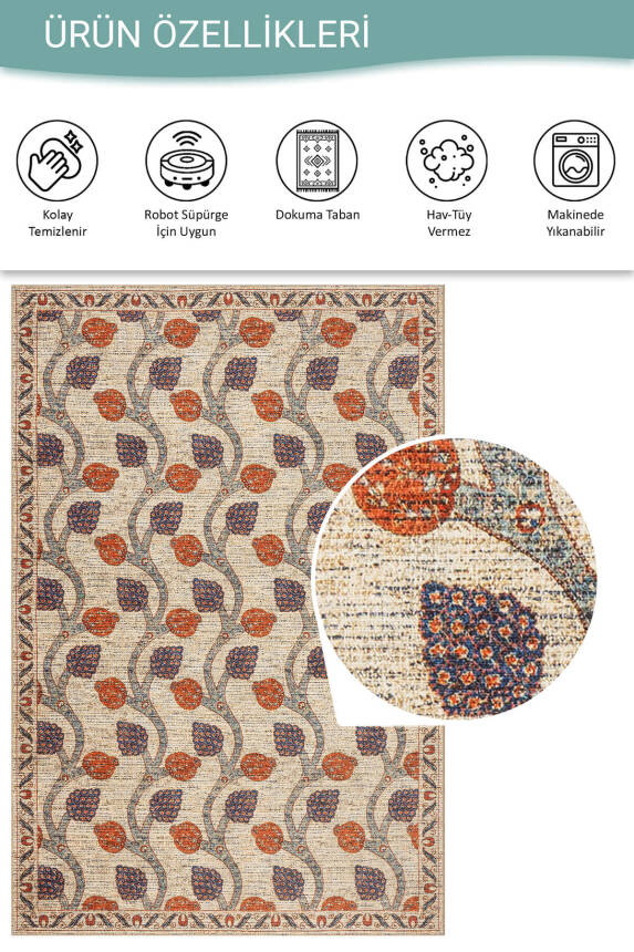 Nora Bej Vintage Dokulu Nar Desenli Dokuma Tabanlı Şönil Halı AL 487 - 4