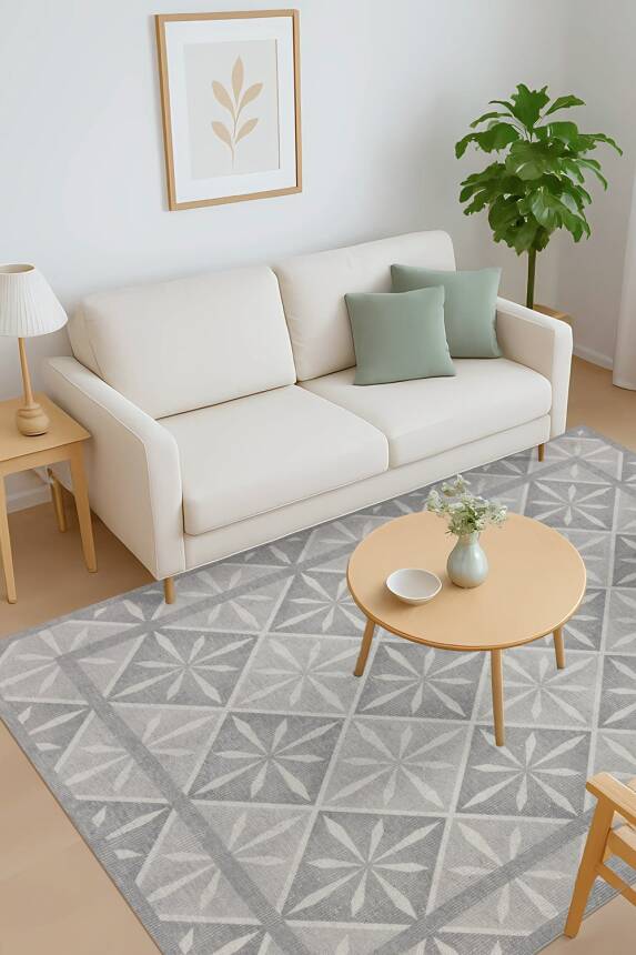 Nora Gri Geometrik Desenli Dokuma Tabanlı Modern Şönil Halı AL 502 - 1