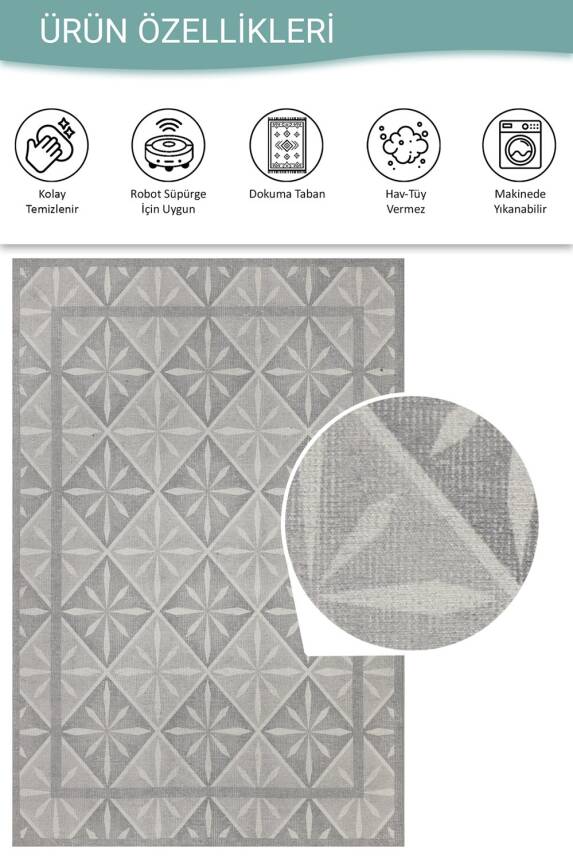 Nora Gri Geometrik Desenli Dokuma Tabanlı Modern Şönil Halı AL 502 - 4