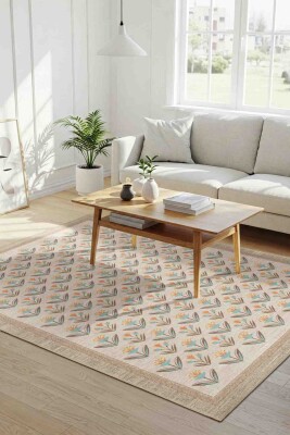 Nora Krem / Bej Modern Çiçek Desenli Dokuma Tabanlı Şönil Halı AL 485 - Artloop