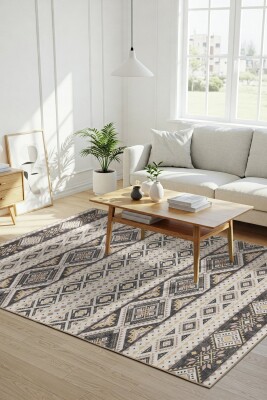 Nora Krem / Gri Etnik Desenli Dokuma Tabanlı Modern Şönil Halı AL 508 - Artloop