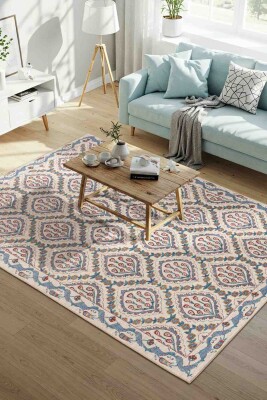 Nora Krem / Mavi Vintage Dokulu Geometrik Desenli Dokuma Tabanlı Şönil Halı AL 479 - 1