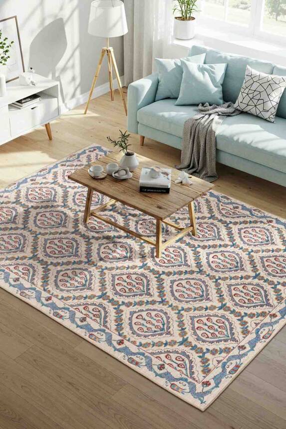 Nora Krem / Mavi Vintage Dokulu Geometrik Desenli Dokuma Tabanlı Şönil Halı AL 479 - 1