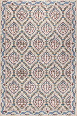 Nora Krem / Mavi Vintage Dokulu Geometrik Desenli Dokuma Tabanlı Şönil Halı AL 479 - 2
