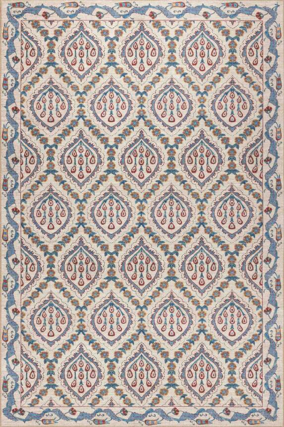 Nora Krem / Mavi Vintage Dokulu Geometrik Desenli Dokuma Tabanlı Şönil Halı AL 479 - 2