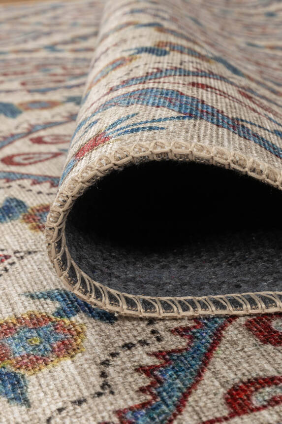 Nora Krem / Mavi Vintage Dokulu Geometrik Desenli Dokuma Tabanlı Şönil Halı AL 479 - 6