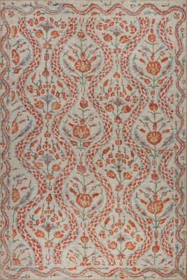 Nora Krem / Turuncu Çiçekli Dokuma Tabanlı Modern Şönil Halı AL 490 - 2