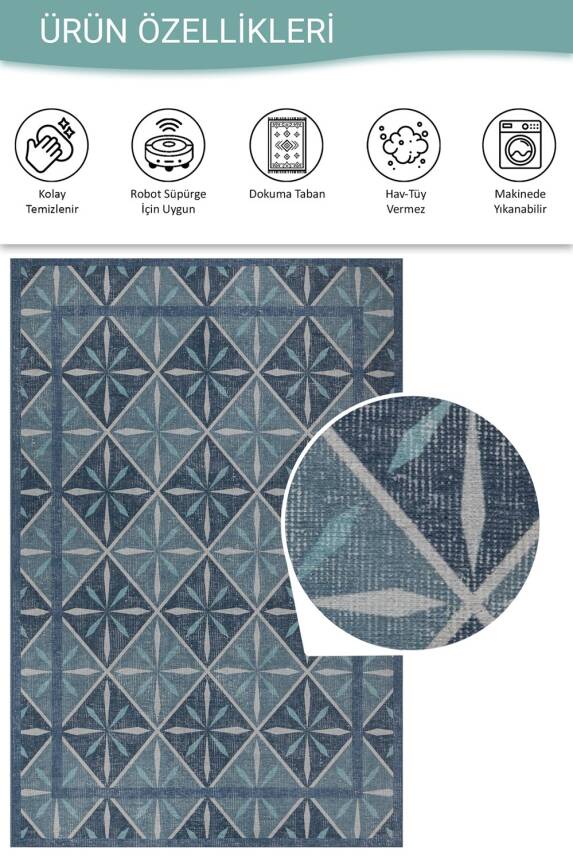 Outlet 75x150 Nora Mavi Geometrik Desenli Dokuma Tabanlı Modern Şönil Halı AL-500 - 4