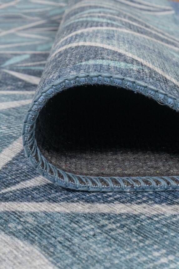 Outlet 75x150 Nora Mavi Geometrik Desenli Dokuma Tabanlı Modern Şönil Halı AL-500 - 6