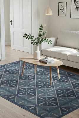 Nora Mavi Geometrik Desenli Dokuma Tabanlı Modern Şönil Halı AL 500 - 1