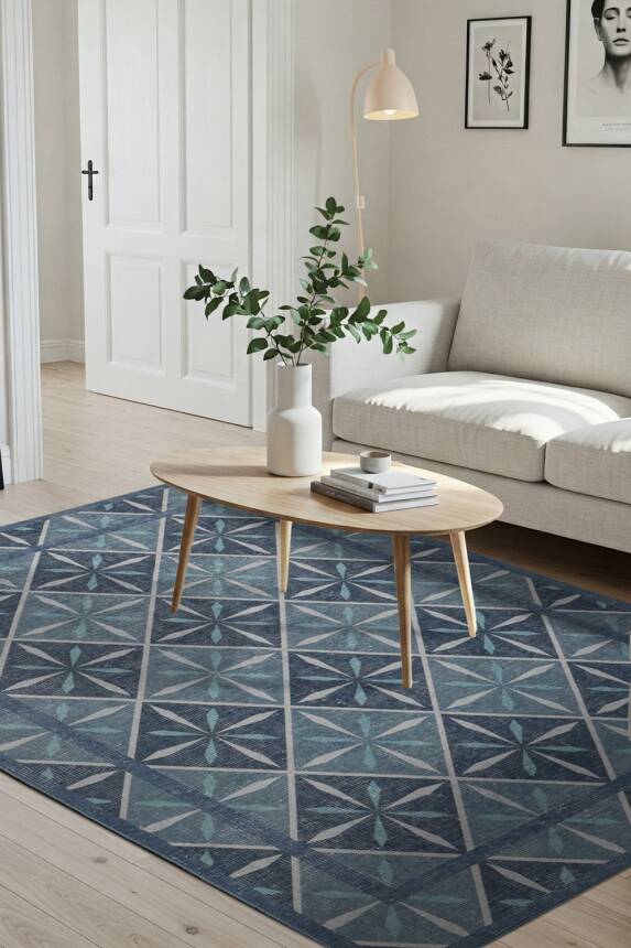 Nora Mavi Geometrik Desenli Dokuma Tabanlı Modern Şönil Halı AL 500 - 1