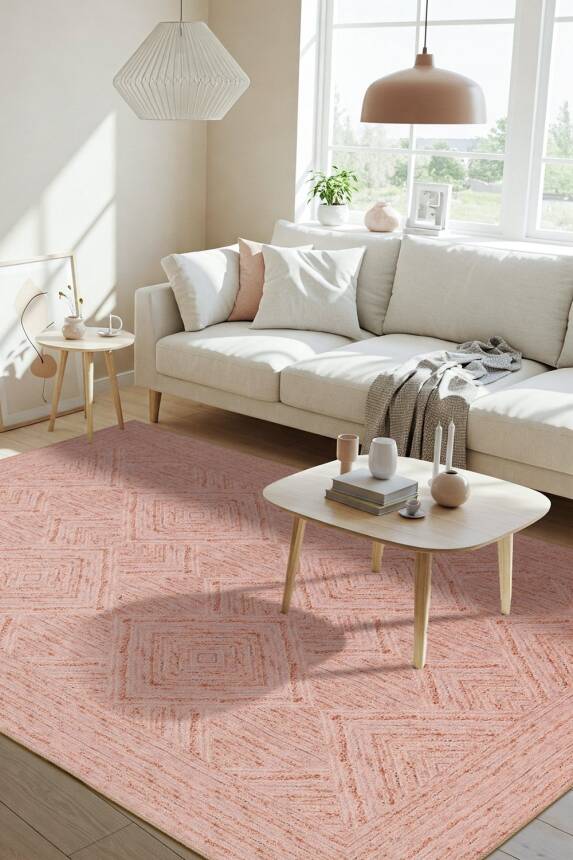 Nora Pudra Geometrik Desenli Dokuma Tabanlı Modern Şönil Halı AL 497 - 1
