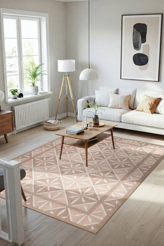 Nora Pudra Geometrik Desenli Dokuma Tabanlı Modern Şönil Halı AL 505 - 1