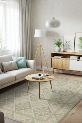 Nora Yeşil Geometrik Desenli Dokuma Tabanlı Modern Şönil Halı AL 499 - 1