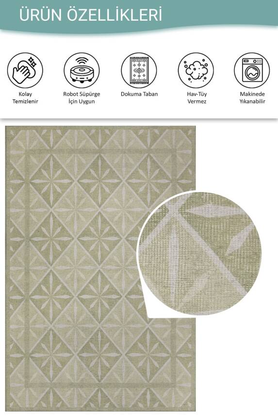 Nora Yeşil Geometrik Desenli Dokuma Tabanlı Modern Şönil Halı AL 499 - 4