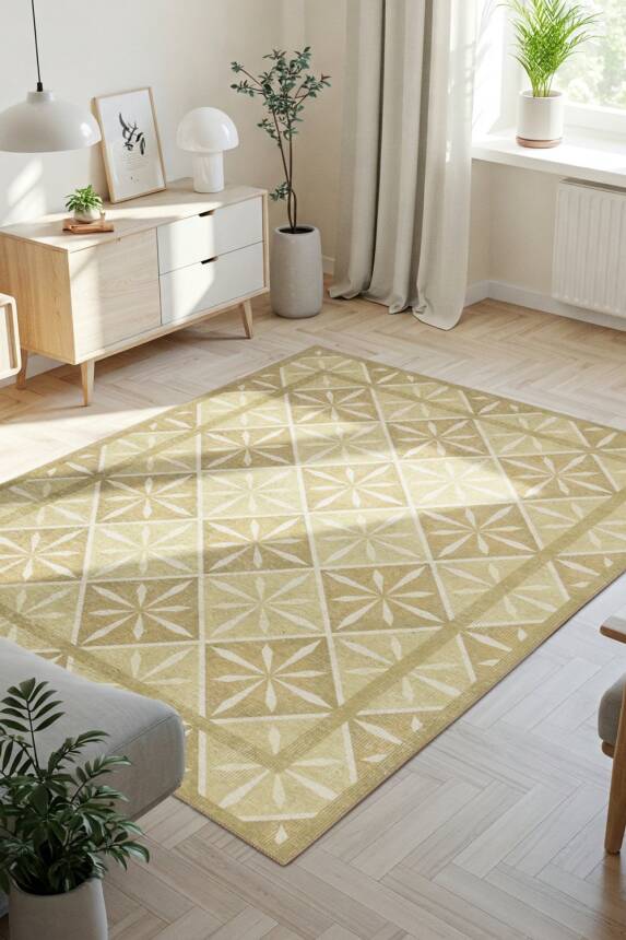 Nora Yeşil/ Sarı Geometrik Desenli Dokuma Tabanlı Modern Şönil Halı AL 504 - 1