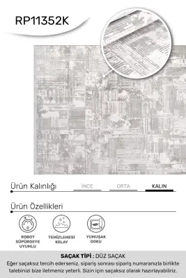 Nova Gri Krem Robot Süpürgeye Uyumlu Kolay Temizlenebilir Halı Oturma Odası ve Koridor Halısı RP 14 - 4