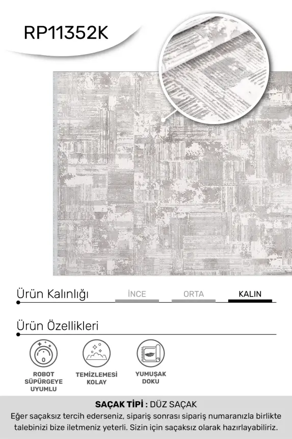 Nova Gri Krem Robot Süpürgeye Uyumlu Kolay Temizlenebilir Halı Oturma Odası ve Koridor Halısı RP 14 - 4