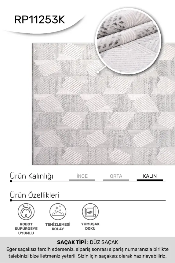 Nova Gri/Krem Robot Süpürgeye Uyumlu Kolay Temizlenebilir Halı Oturma Odası ve Koridor Halısı RP 08 - 3