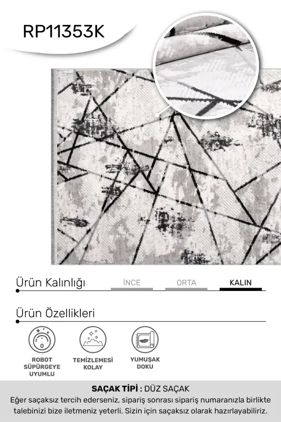 Nova Krem/Antrasit Robot Süpürgeye Uyumlu Kolay Temizlenebilir Halı Oturma Odası ve Koridor Halısı RP 15 - 4