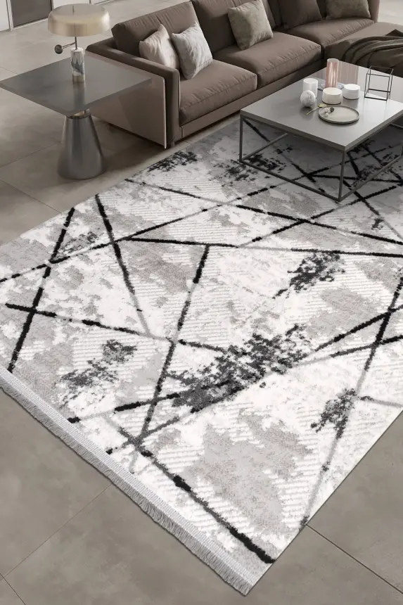 Nova Krem/Antrasit Robot Süpürgeye Uyumlu Kolay Temizlenebilir Halı Oturma Odası ve Koridor Halısı RP 15 - 1