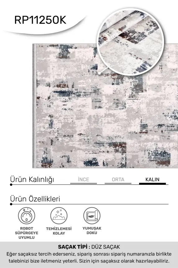 Nova Vizon Gri Robot Süpürgeye Uyumlu Kolay Temizlenebilir Halı Oturma Odası ve Koridor Halısı RP 07 - 3