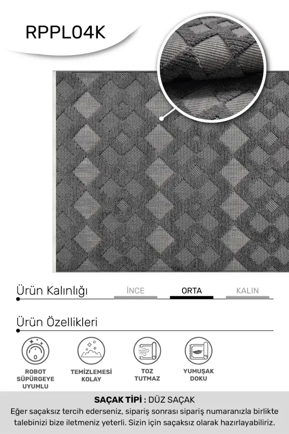 Oasis Antrasit Robot Süpürgeye Uyumlu Kolay Temizlenebilir Halı Oturma Odası, Koridor, Yatak Odası Halısı RP 36 - 5