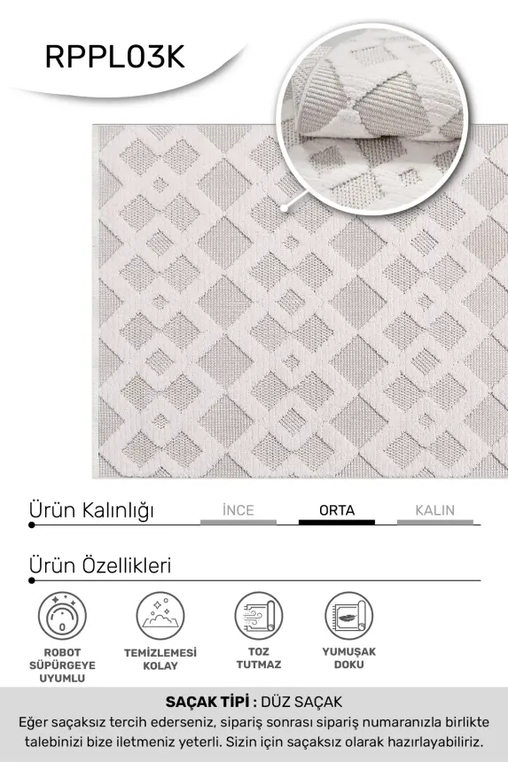 Oasis Beyaz Bej Robot Süpürgeye Uyumlu Kolay Temizlenebilir Halı Oturma Odası, Koridor, Yatak Odası Halısı RP 35 - 7