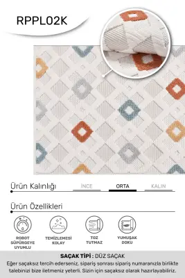 Oasis Beyaz Turuncu,Mavi,Bej Robot Süpürgeye Uyumlu Kolay Temizlenebilir Halı Oturma Odası, Koridor, Yatak Odası Halısı RP 34 - 5