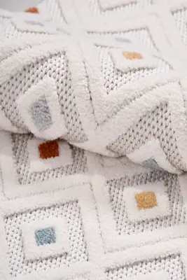 Oasis Beyaz Turuncu,Mavi Robot Süpürgeye Uyumlu Kolay Temizlenebilir Halı Oturma Odası, Koridor, Yatak Odası Halısı RP 38 - 3