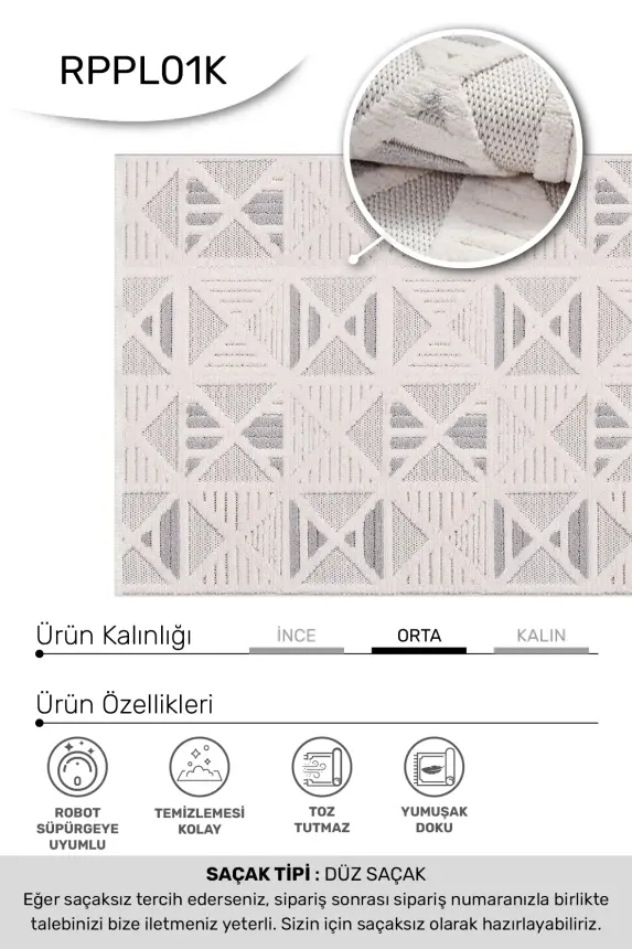 Oasis Beyaz/Bej Robot Süpürgeye Uyumlu Kolay Temizlenebilir Halı Salon, Oturma Odası ve Koridor Halısı RP 33 - 3