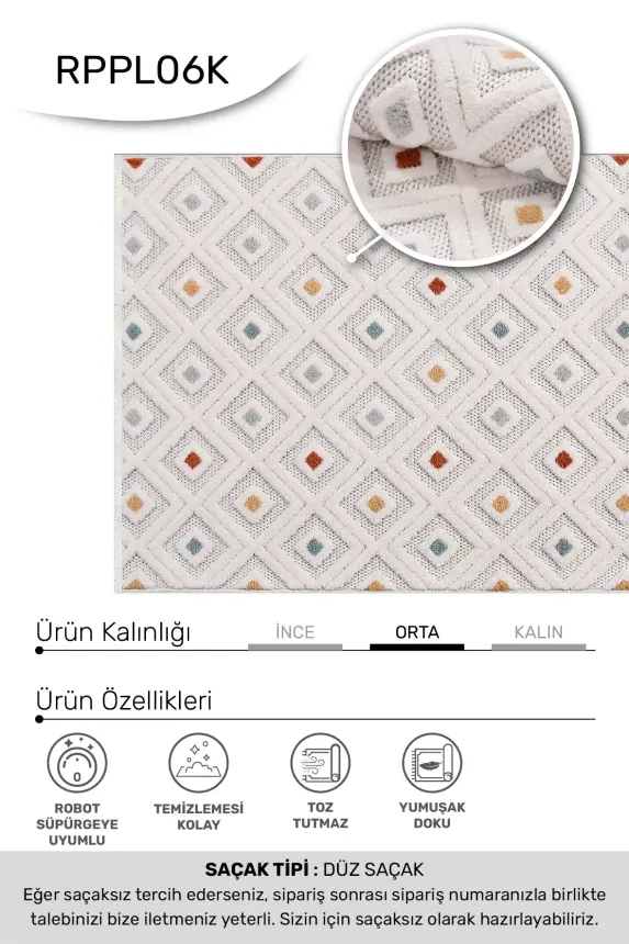 Oasis Beyaz/Turuncu,Mavi Robot Süpürgeye Uyumlu Kolay Temizlenebilir Halı Oturma Odası, Koridor, Yatak Odası Halısı RP 38 - 3