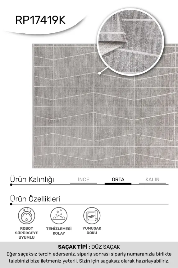 Olvin Gri Robot Süpürgeye Uyumlu Kolay Temizlenebilir Halı Salon, Oturma Odası ve Koridor Halısı RP 26 - 5