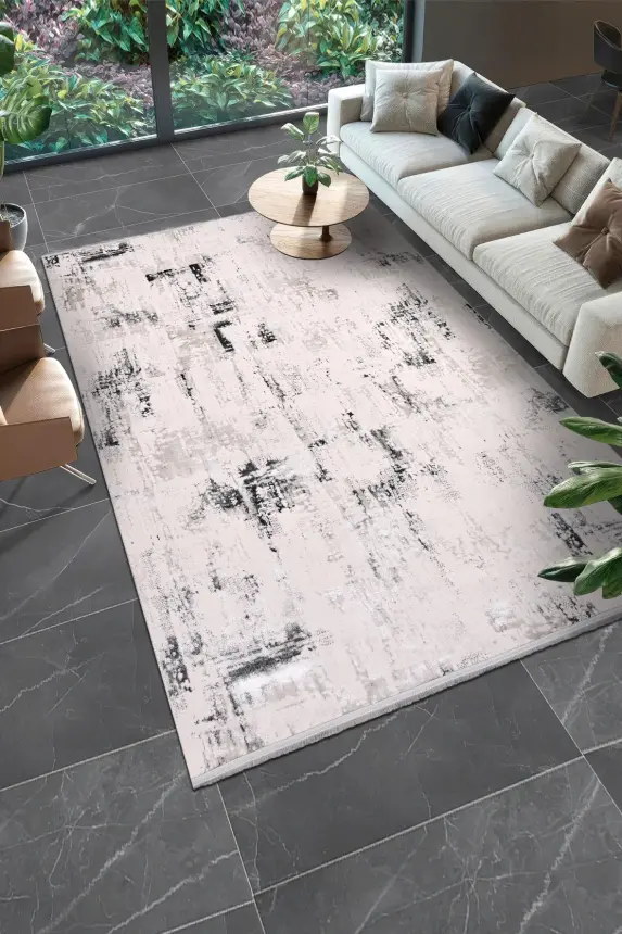 Olvin Krem/Gri Robot Süpürgeye Uyumlu Kolay Temizlenebilir Halı Salon, Oturma Odası ve Koridor Halısı RP 21 - 4